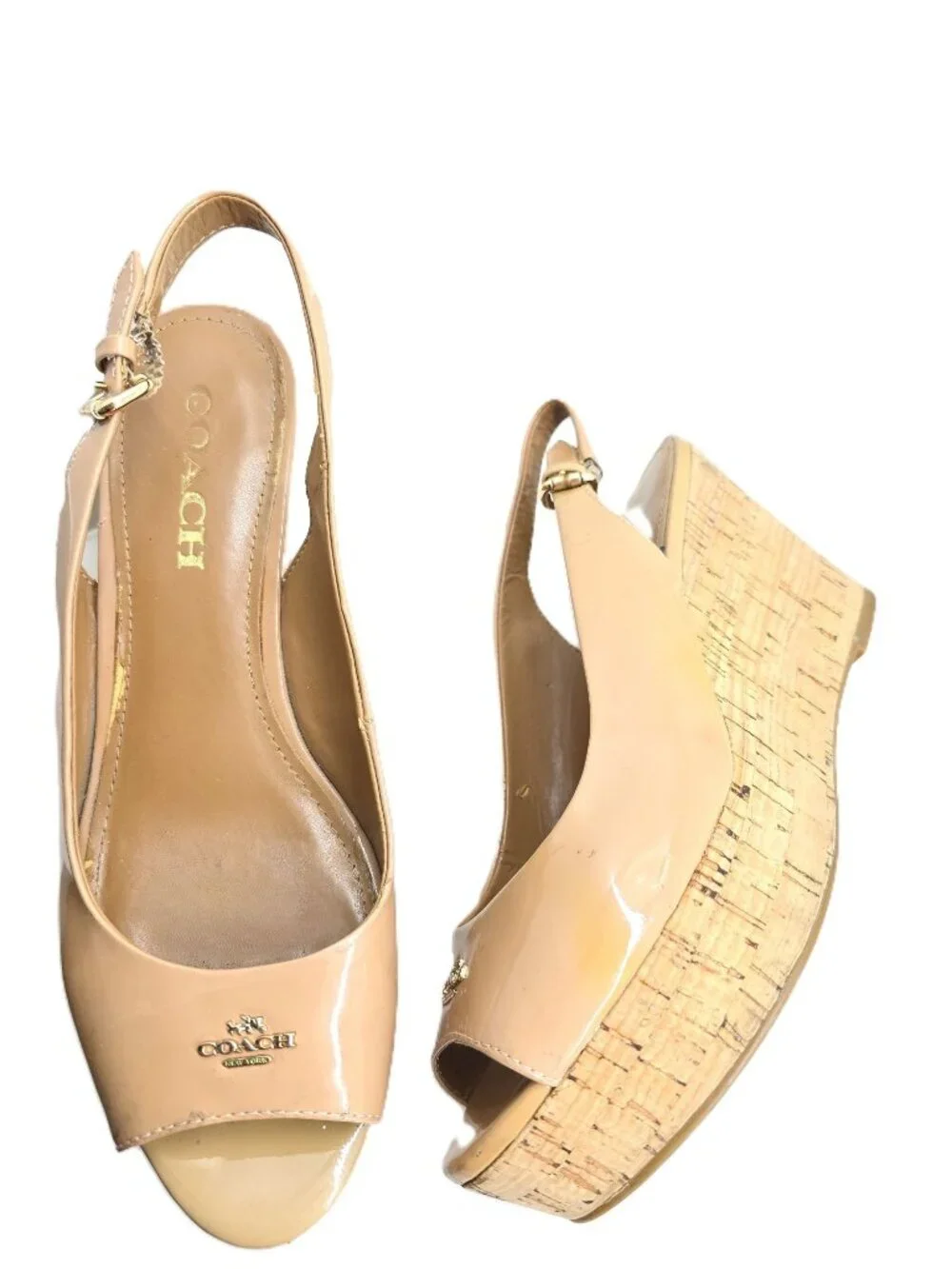 Coach Tan Patent Leather Peep Toe Cork Wedge Heel Slingback Heels Women Size 8